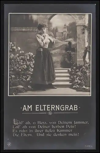 Trauer-AK Am Elterngrab auf dem Friedhof - Herzschmerz Leiden Tod, ungebraucht