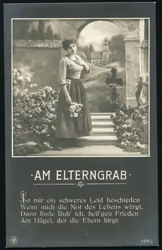 Trauer-AK Am Elterngrab auf dem Friedhof Kirche Trauer Blumen, ungebraucht