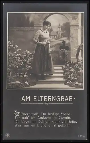 Trauer-AK Am Elterngrab Andacht Kirche Blumen, ungebraucht