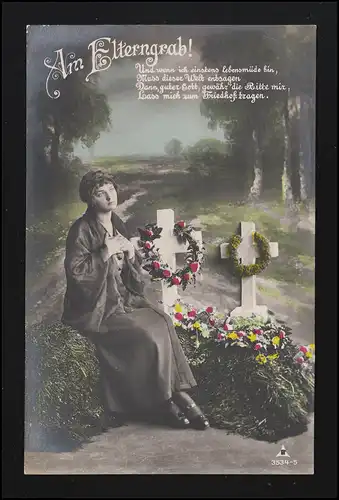 Trauer-AK Das Gebet am Elterngrab Grabkreuze Blumen Trauer Leiden, ungebraucht