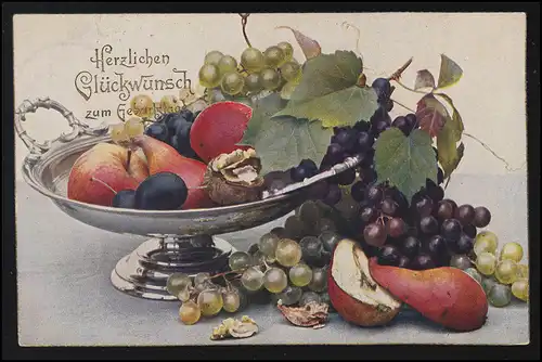 AK Geburtstagsgrüße Stillleben mit Obst und Früchten, LIEGAU-AUGUSTUSBAD 1912