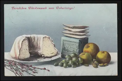 AK Geburtstagtisch mit Kuchen Tee Äpfel Trauben, RATZEBUHR (POMMERN) 25.4.1907
