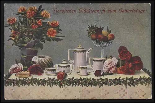 Table d'anniversaire AK avec tasse de gâteau de cannelle fleurs, KIRCHBERG (SAXES) 7.6.1919