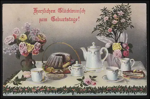 AK Geburtstagtisch mit Kanne Tasse Kuchen Blumen, IMMENDORF (BRAUNSCHWEIG) 1910