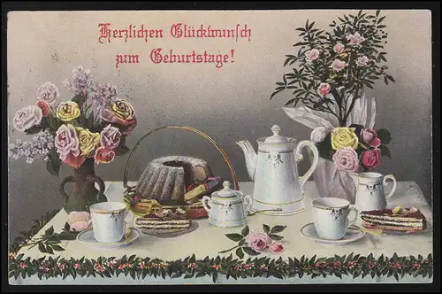 Table d'anniversaire AK avec canne à gâteau de fleurs, IMMENDORF (BRAUNSCHWEIG) 1910
