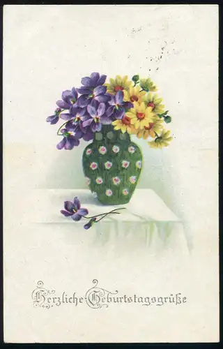 AK Bonsoir d'anniversaire Vase de fleurs avec violette et marguerites, Pösseneck 28.4.1920