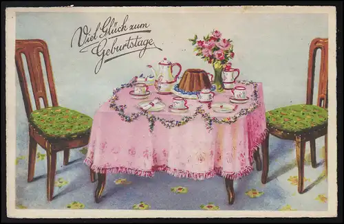 Table d'anniversaire AK avec tasse de gâteau de cannelle fleurs, Berlin-Friedrichs. 23.7.1937