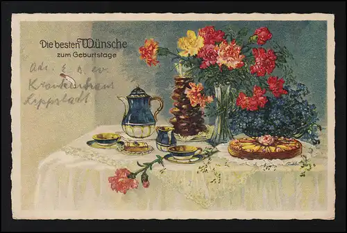 AK Geburtstagtisch mit Kanne Tasse Kuchen Blumen, LIPPSTADT 18.4.1932