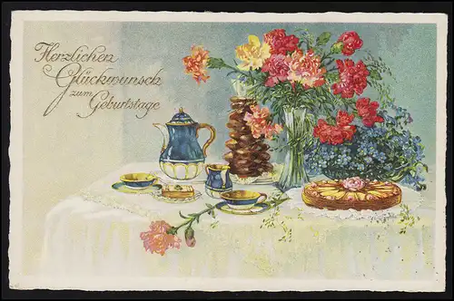 AK Geburtstagtisch mit Kanne Tasse Kuchen Blumen, STEINHUDE AM MEER 11.8.37