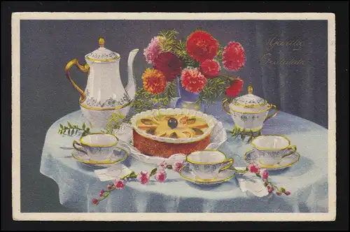 Schweden AK Geburtstagtisch Kanne Tasse Kuchen Blumen, ANNERSTAD 21.6.1945