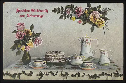 AK Geburtstagtisch mit Kanne Tasse Kuchen Blumen, BÖHLITZ-EHRENBERG 8.8.1913