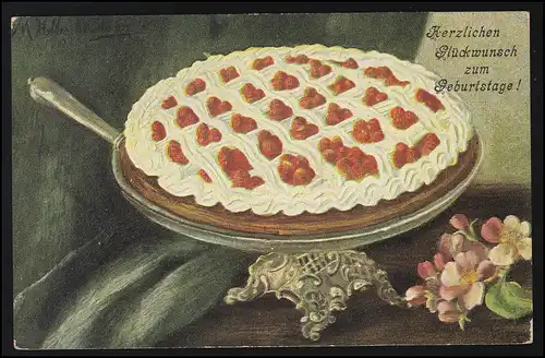 AK Geburtstagstorte mit Erdbeeren und Sahne, WYK (FÖHR) 8.10.1908