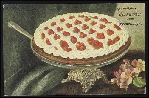 Gâteau d'anniversaire AK avec fraises et crème, WYK (FÖHR) 8.10.1908