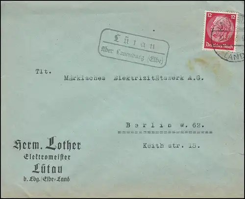 Landpost Stempel LÜTAU über LAUENBURG (Elbe) Land 20.12.37 auf Brief nach BERLIN