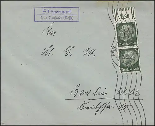 Landpost SCHÖNERMARK, via NEUSTADT (Dosse) 8.8.1938 vers BERLIN