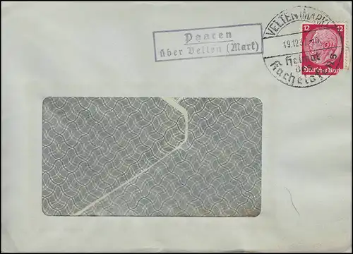 Landpost PAAREN über VELTEN (Mark) 18.12.37 SSt Heimat Kachelofen nach BERLIN