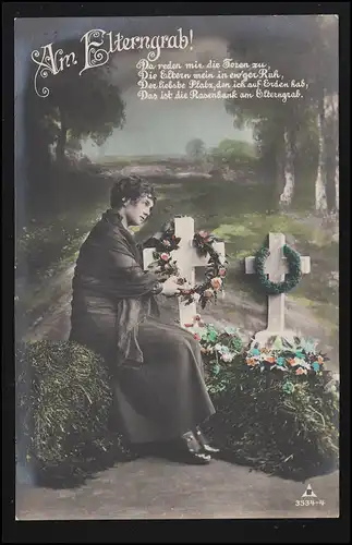 Trauer-AK Das Elterngrab am Birkenwald Grabkreuze Blumen, ungebraucht