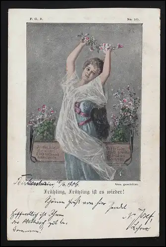 AK Artiste Printemps! Femme dansante avec fleurs, BIRKENAU 15.6.1906 vers REUTHEN