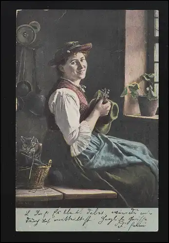 Künstler-AK Frau in Tracht schmückt Mütze, MOSSBURG19.4.1904 nach MÜNCHEN 20.4.
