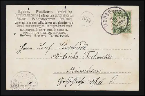 Künstler-AK Frau in Tracht schmückt Mütze, MOSSBURG19.4.1904 nach MÜNCHEN 20.4.