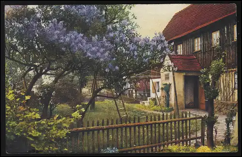 AK Dorfidylle: Haus mit Garten Fliederbäume, Feldpostkarte 3.4.1917 nach Berlin