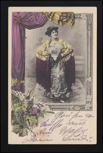 AK Artiste fumeuse actrice bouteille de champagne, selon FRANKFURT/MAIN 22.11.1902