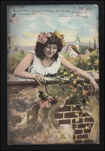 Fille AK d'artiste joue avec fleur sur une armure, LEIPZIG-GOHLIS vers 1908