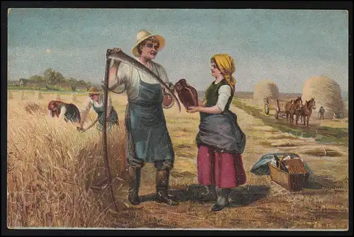 AK Travaux de terrain: pause à la récolte des céréales cruche eau, COMMENIE 23.9.1918