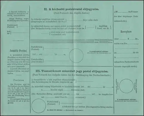 Ungarn Postnachnahmekarte NK 1 Posta-utanveteli jegi 10 Kreuzer, ungebraucht