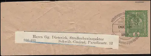 Autriche Streifband Prévalation D.Ö.A.V. VIENNE Fin juin 1919 sur 5 Heller