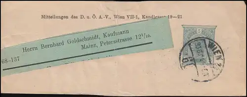 Autriche Streifband Kaiser Franz Joseph 5 Heller, WIENNE 30.6.1914 à Mayence