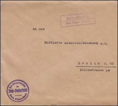 Landpost KLEIN-ZIETHEN sur VELTEN (MARK) sur lettre à BERLIN vers 1935