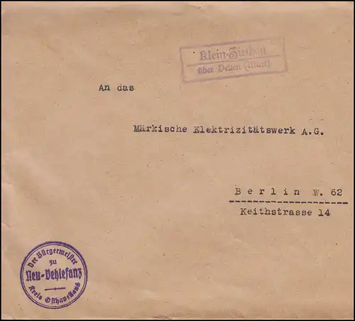 Landpost KLEIN-ZIETHEN über VELTEN (MARK) auf Brief nach BERLIN um 1935