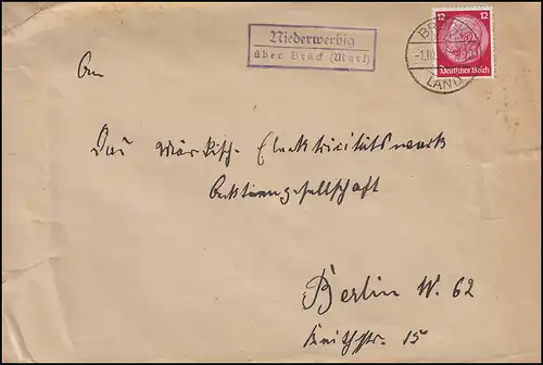 Pays-Bas: NIEDERWERBIG via BRÜCK (Mark) PAYS 1.10.1934 par lettre à BERLIN