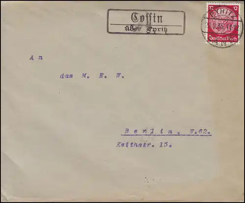 Landpost COSSIN /Kosin über PYRITZ / Pyrzyce 20.2.1935 auf Brief nach BERLIN