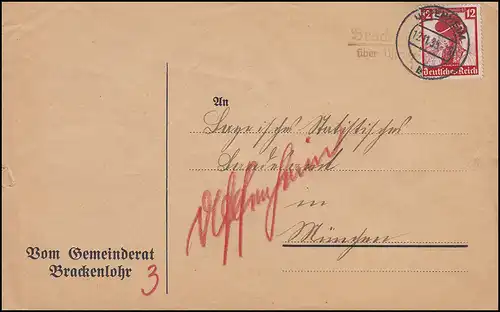 Landpost BRAKKENLOHR sur UFFENHEIM 12.11.35 sur lettre Stat. Landesamt MÜNNEN