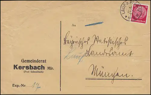 Landpost Conseiller municipal KERSBACH sur LARUE (Pegnitz) 10.1.35 sur lettre à MUNICH