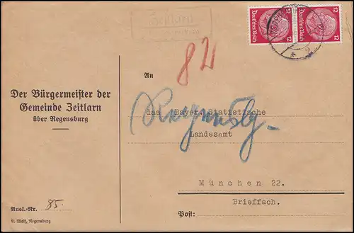 Landpost ZEITLARN über REGENSBURG 3.10.1935 auf Brief an Stat. Landesamt MÜNCHEN