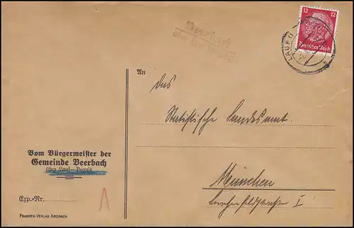 Pays-Bas BEERBACH sur LER (Pegnitz) 2.4.37 sur lettre Stat.