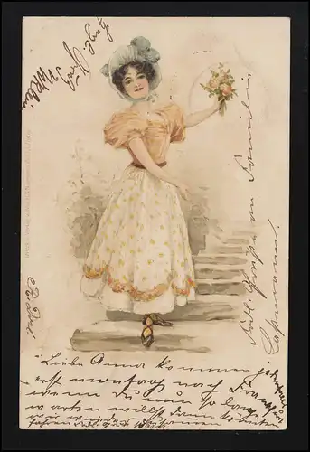 Femmes AK danseuse jeune femme sur escalier chapeau / fleurs FRANKFURT Main 10.10.03