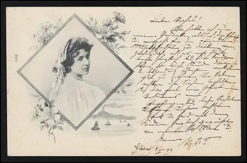 Femmes AK Miniature Echarpe Portrait dans les cheveux & Perles GLARUS/ RORSCHACH 5.1.1899