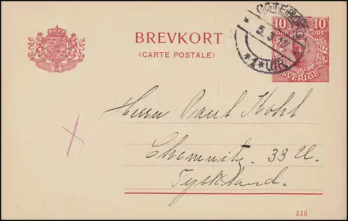 Postkarte P 30 BREFKORT König Gustav mit DV 516, GÖTEBORG 5.3.1917 nach Chemnitz