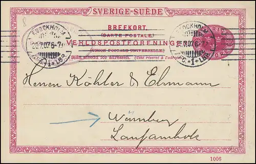 Postkarte P 25 SVERIGE-SUEDE mit DV 1006, STOCKHOLM 26.7.1907