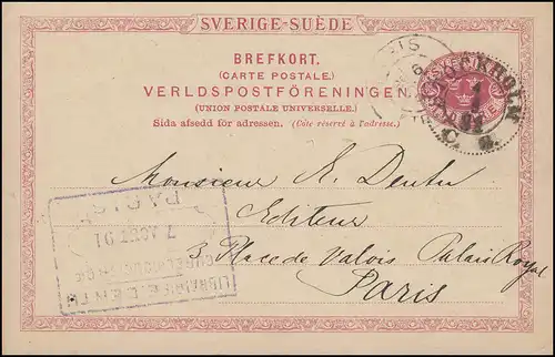 Carte postale P 20 SVERIGE-SUEDE 10 Öre, STOCKHOLM 1.8.1891 vers PARIS 6.8.91