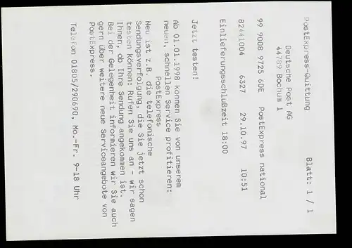 Postexpress: Pilotversuch NL Bochum Postexpress-Standard Frühdatum 29.10.1997