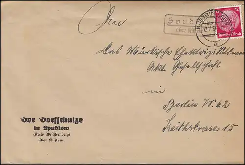 Landpost SPUDLOW / Spudłów sur KÜSTRIN (Land) 12.11.34 sur lettre à BERLIN