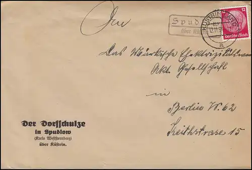 Landpost SPUDLOW / Spudłów über KÜSTRIN (Land) 12.11.34 auf Brief nach BERLIN