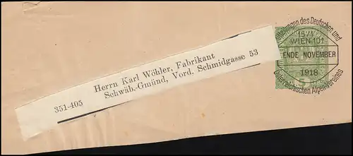 Österreich Streifband Vorausentwertung D.Ö.A.V. WIEN Ende November 1918 auf 5 H.