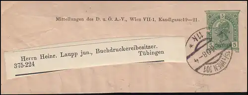 Autriche Streifband Kaiser Franz Joseph 5 Heller, WIENNE 15.6.1908 da Tübingen
