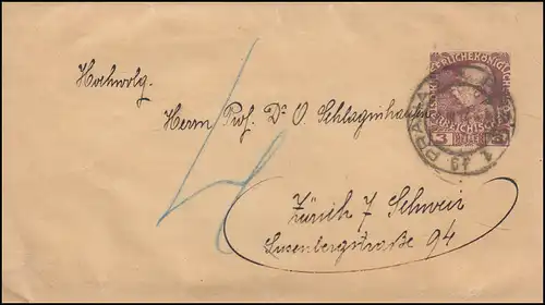Österreich Streifband S 8 Kaiser Franz Joseph 3 H., PRAG / PRAHA 1914 n. Zürich